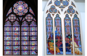 A la izquierda, los antiguos vitrales de Notre-Dame, perfectamente conservados pese al incendio. A la derecha, los que pretende pooner Macron
